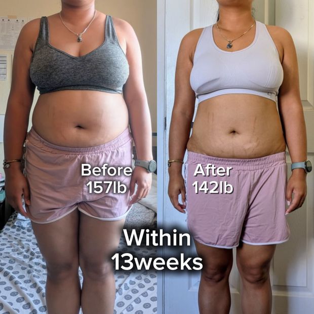 Client before and after: 15 lb lost in 13 weeks